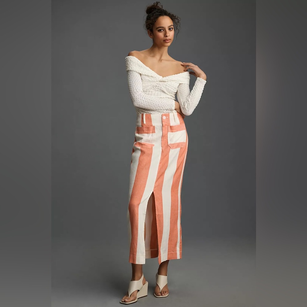 Anthropologie Coral and Cream Striped Midi Skirt